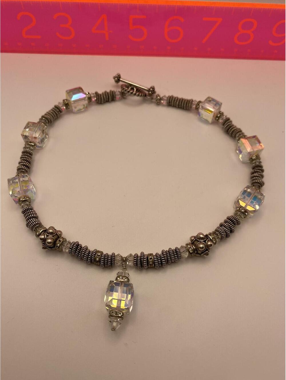 Vintage Style Silver Tone and Clear Crystal Cube Necklace
